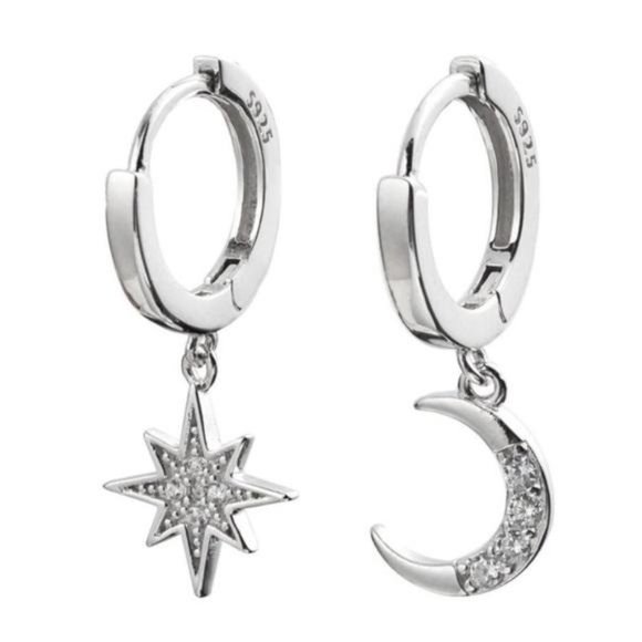 Jewelry - NEW 925 STERLING SILVER DIAMOND MOON STAR HOOPS